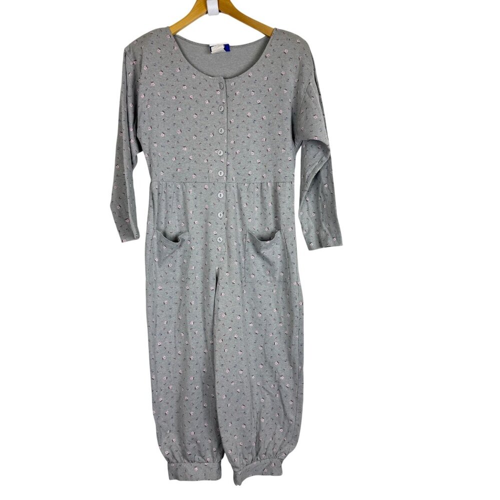 Hana Women’s Button-Front Lounge Jumpsuit 1-Piece Small Gray Floral Pockets USA